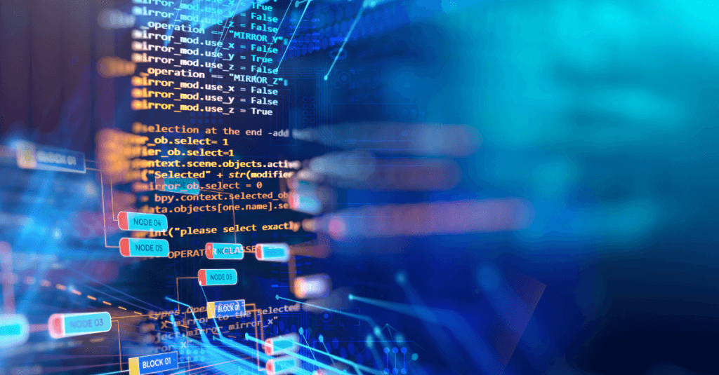 Interfaccia digitale con codice e elementi tecnologici, immagine dedicata al bando Mini Contratti di Sviluppo per investimenti in tecnologie avanzate.