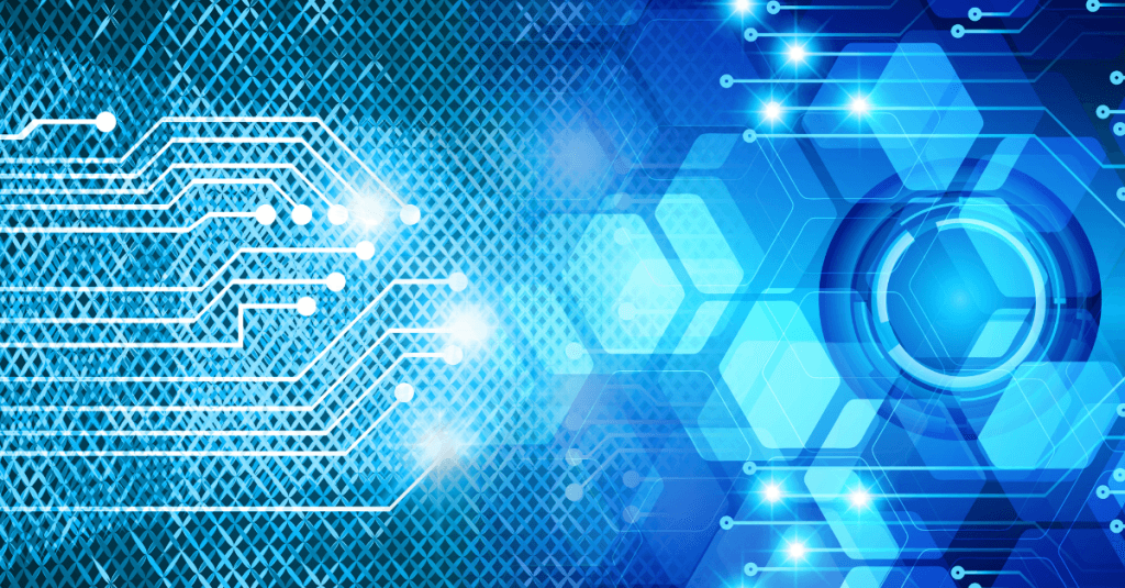 Grafica digitale astratta con circuiti elettronici, connessioni luminose e interfaccia tecnologica futuristica, immagine dedicata al Bando Tecnologie Strategiche.