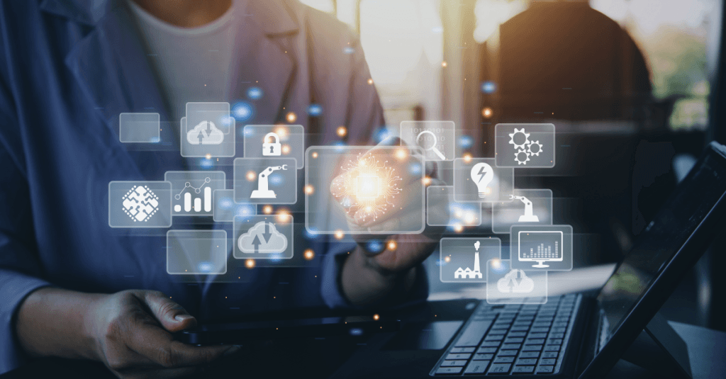 Accordi per l’Innovazione : Interfaccia digitale con icone di innovazione e tecnologia su laptop, rappresentativa dei progetti di ricerca e sviluppo.